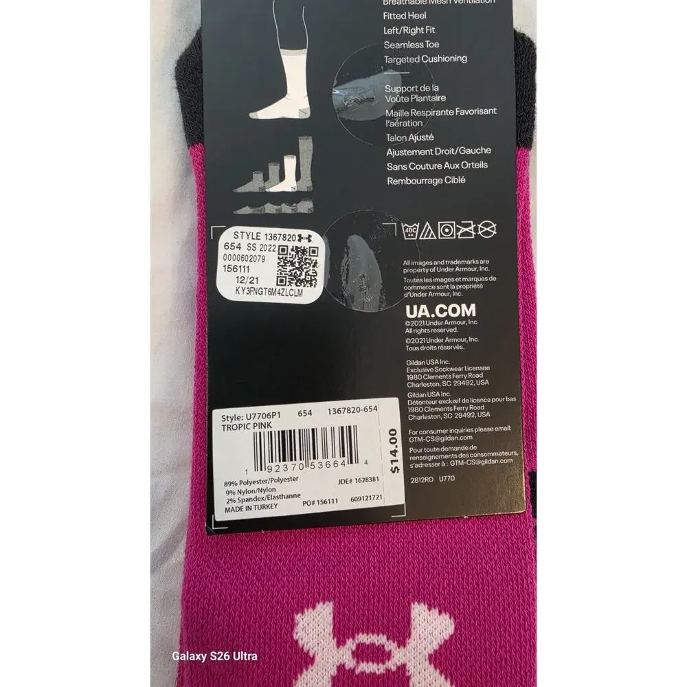 Under Armor Pink Socks Anti Odor Crew Left/Right Arch Support U7706P1 $14 13-16